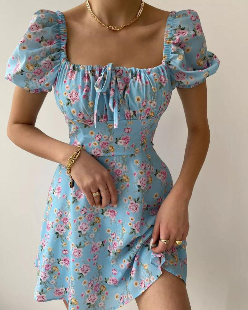 2023 new women's summer hot product high-end French fashion puff sleeve floral dopamine dress woman