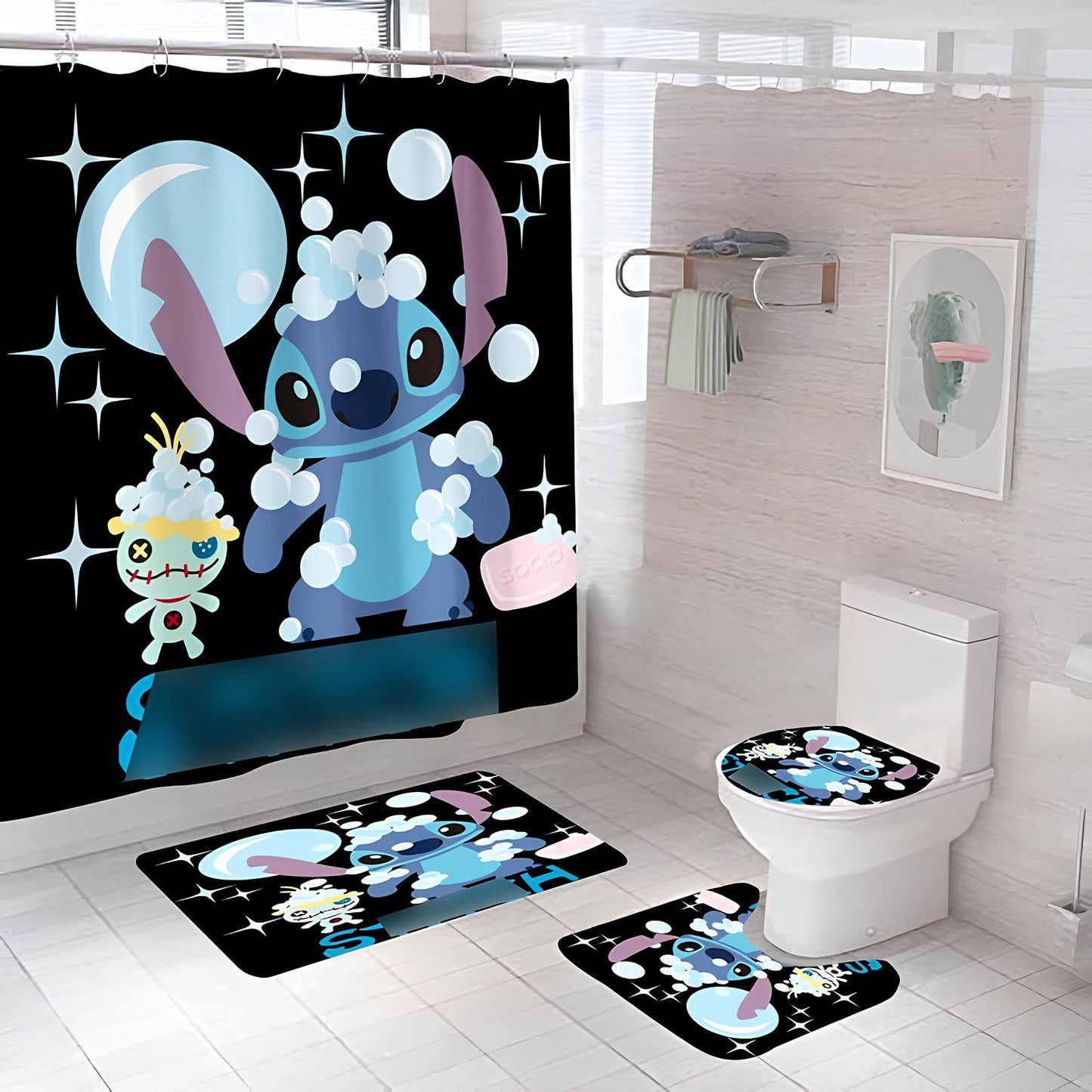 4 Pcs Shower Curtain Set with Non Slip Rugs, Toilet Lid Cover and Bath Mat, Shower Curtain with One Size
