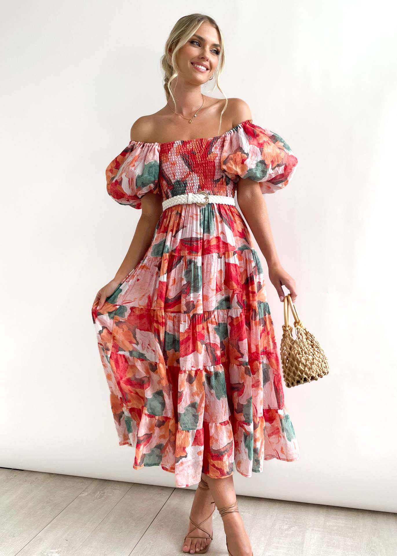 2023 summer new puff sleeve vacation slim long skirt hot girl high waist one-shoulder print dress