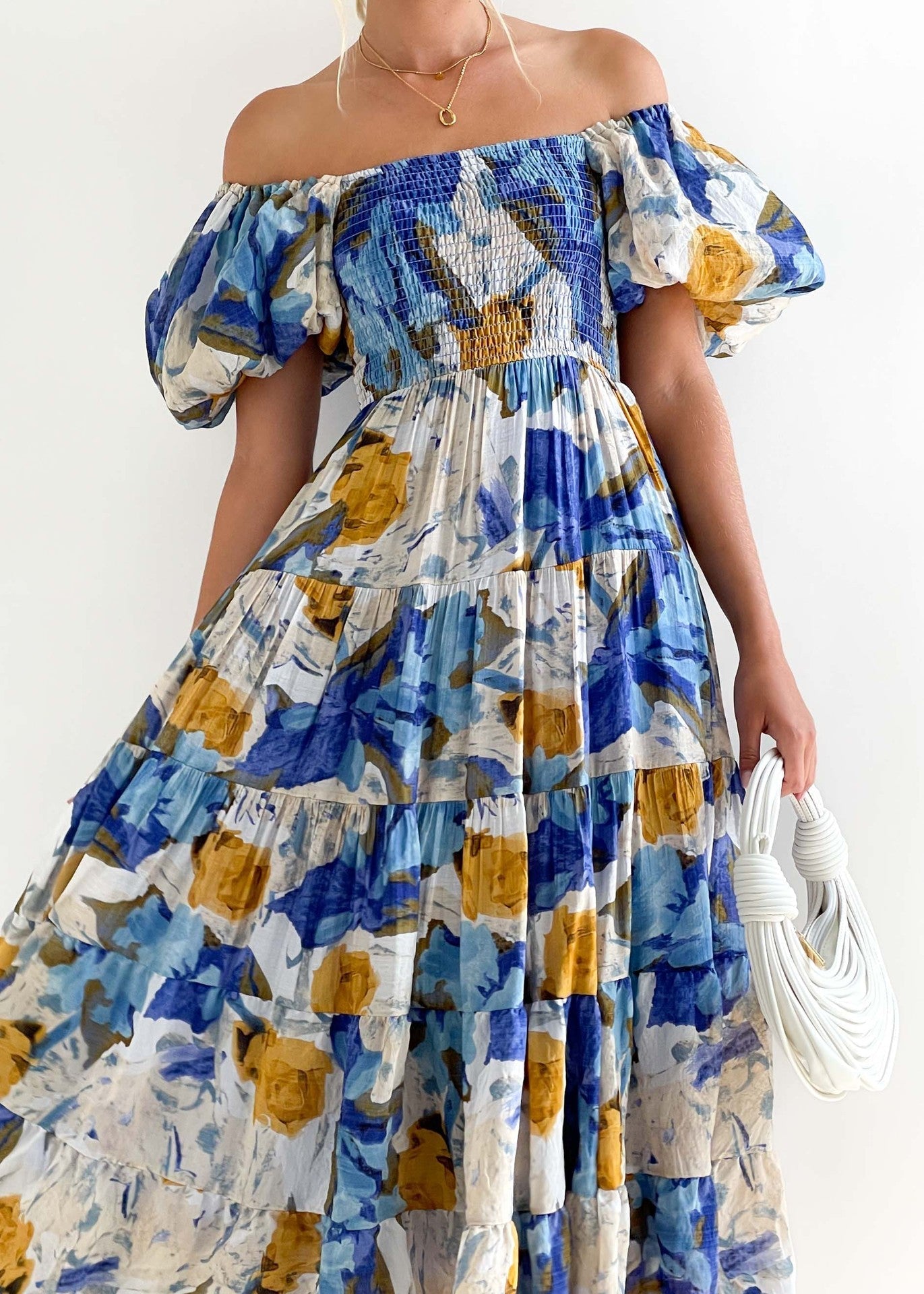 2023 summer new puff sleeve vacation slim long skirt hot girl high waist one-shoulder print dress