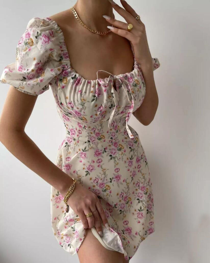 2023 new women's summer hot product high-end French fashion puff sleeve floral dopamine dress woman