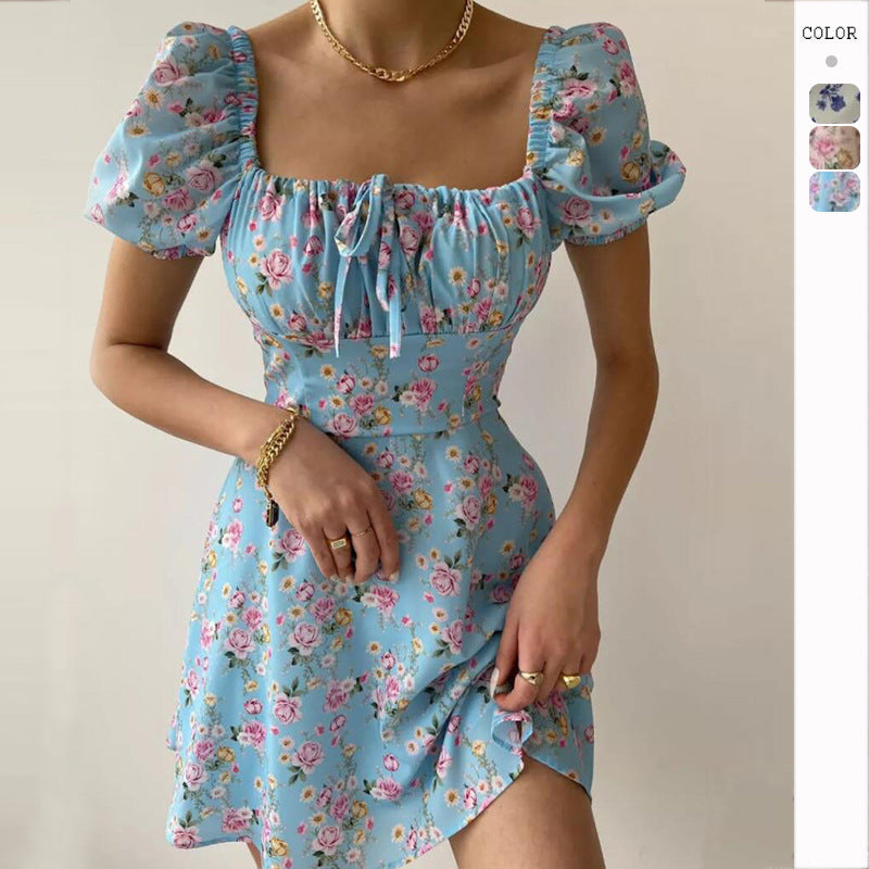 2023 new women's summer hot product high-end French fashion puff sleeve floral dopamine dress woman