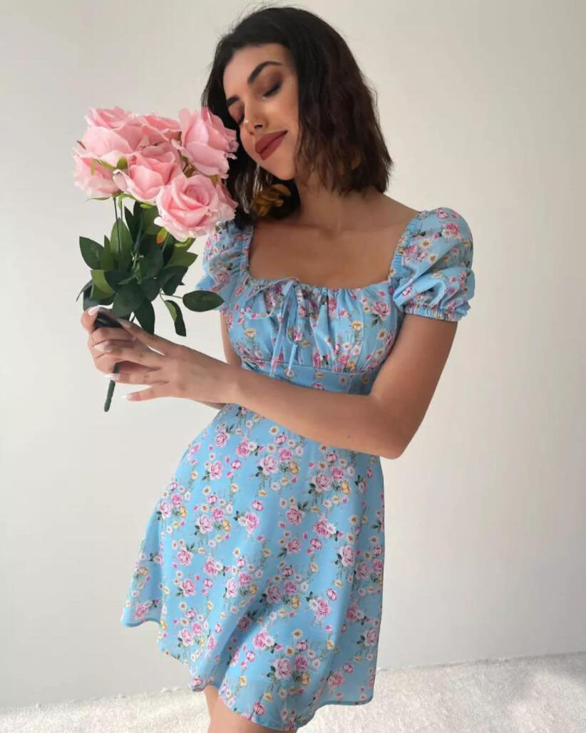 2023 new women's summer hot product high-end French fashion puff sleeve floral dopamine dress woman