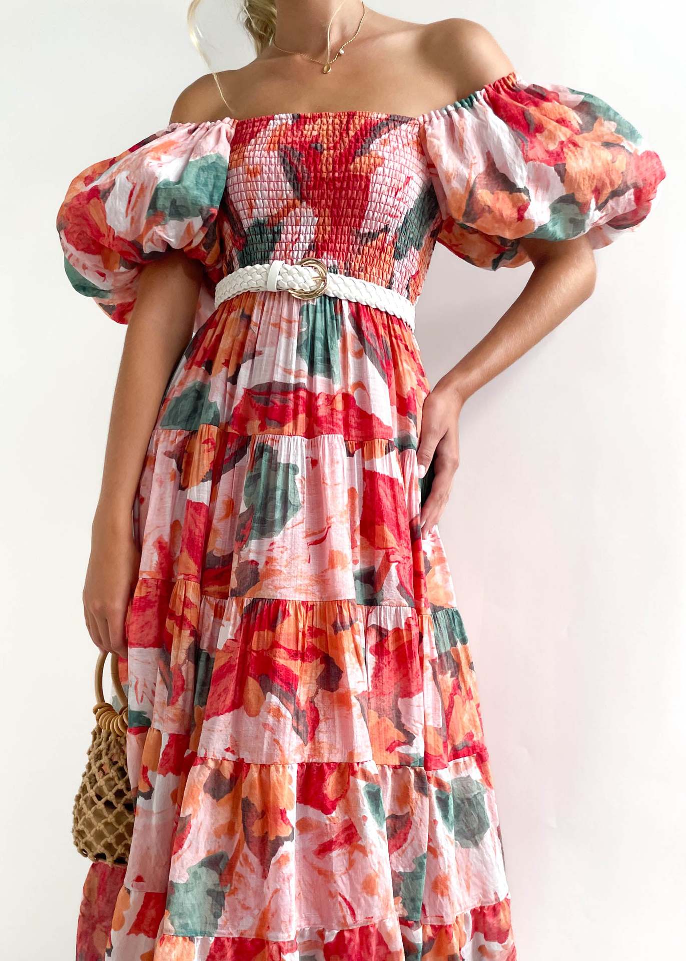 2023 summer new puff sleeve vacation slim long skirt hot girl high waist one-shoulder print dress