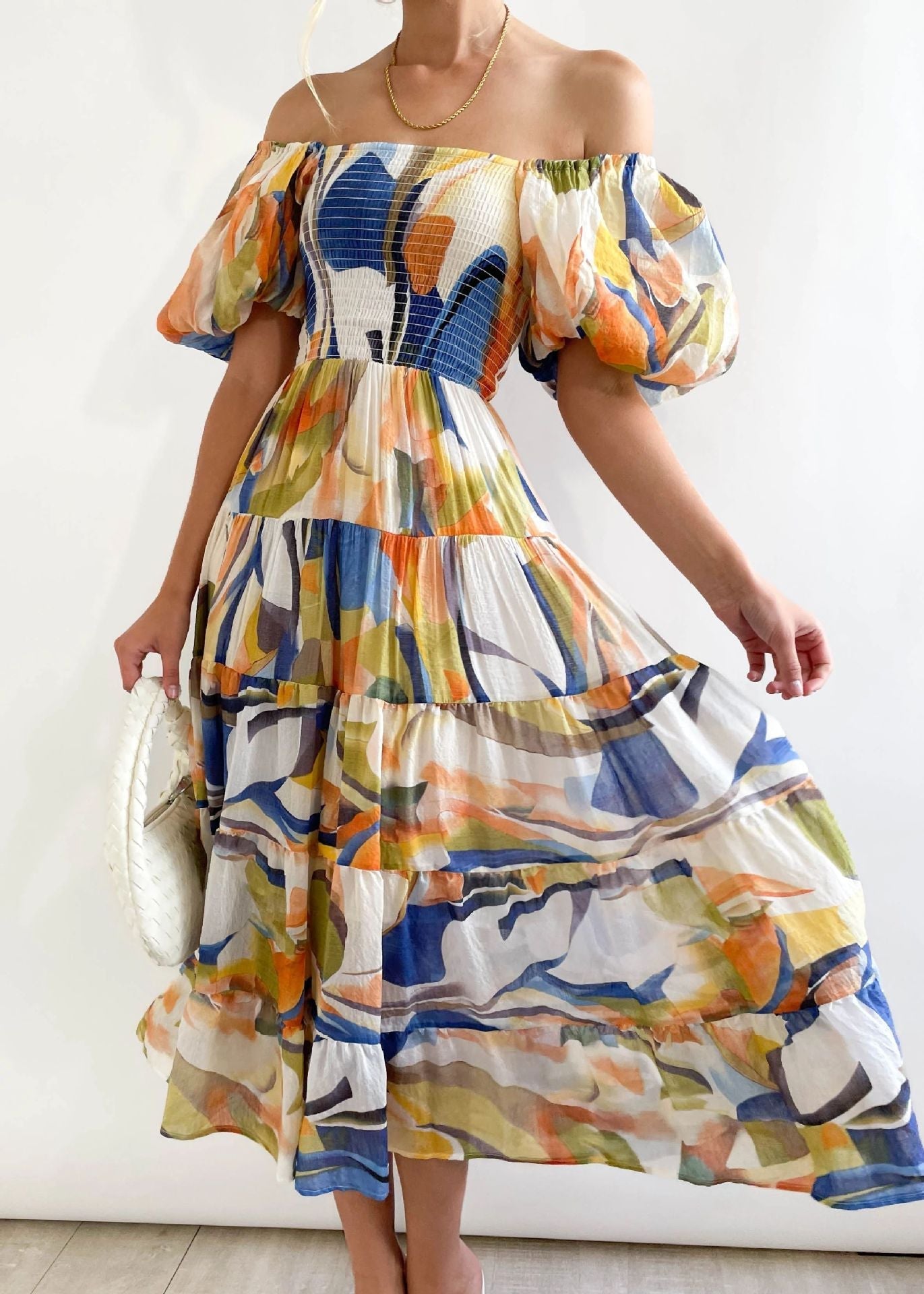 2023 summer new puff sleeve vacation slim long skirt hot girl high waist one-shoulder print dress