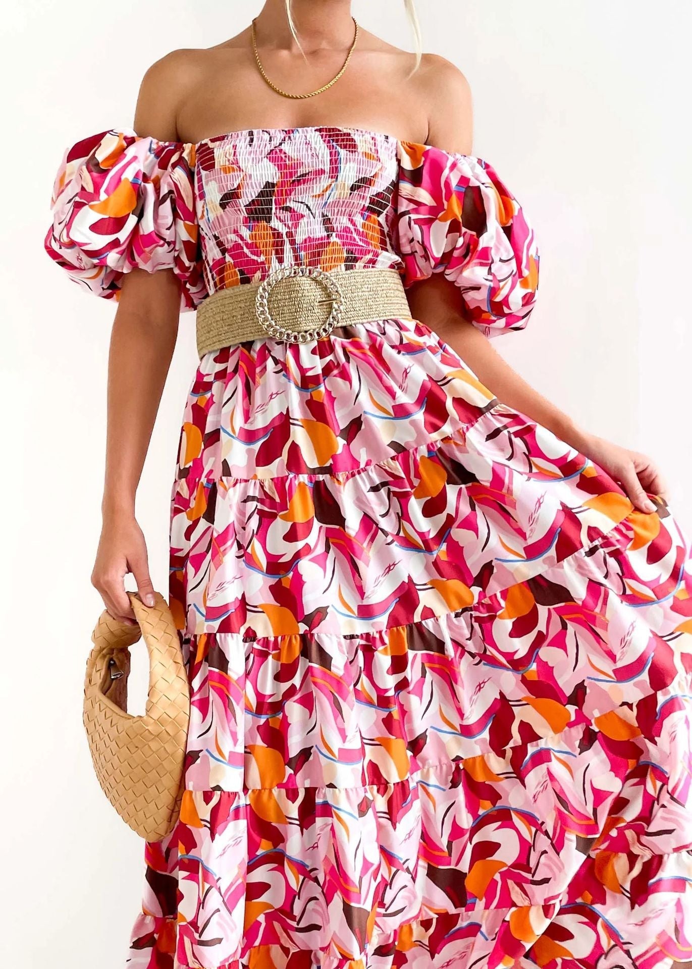 2023 summer new puff sleeve vacation slim long skirt hot girl high waist one-shoulder print dress