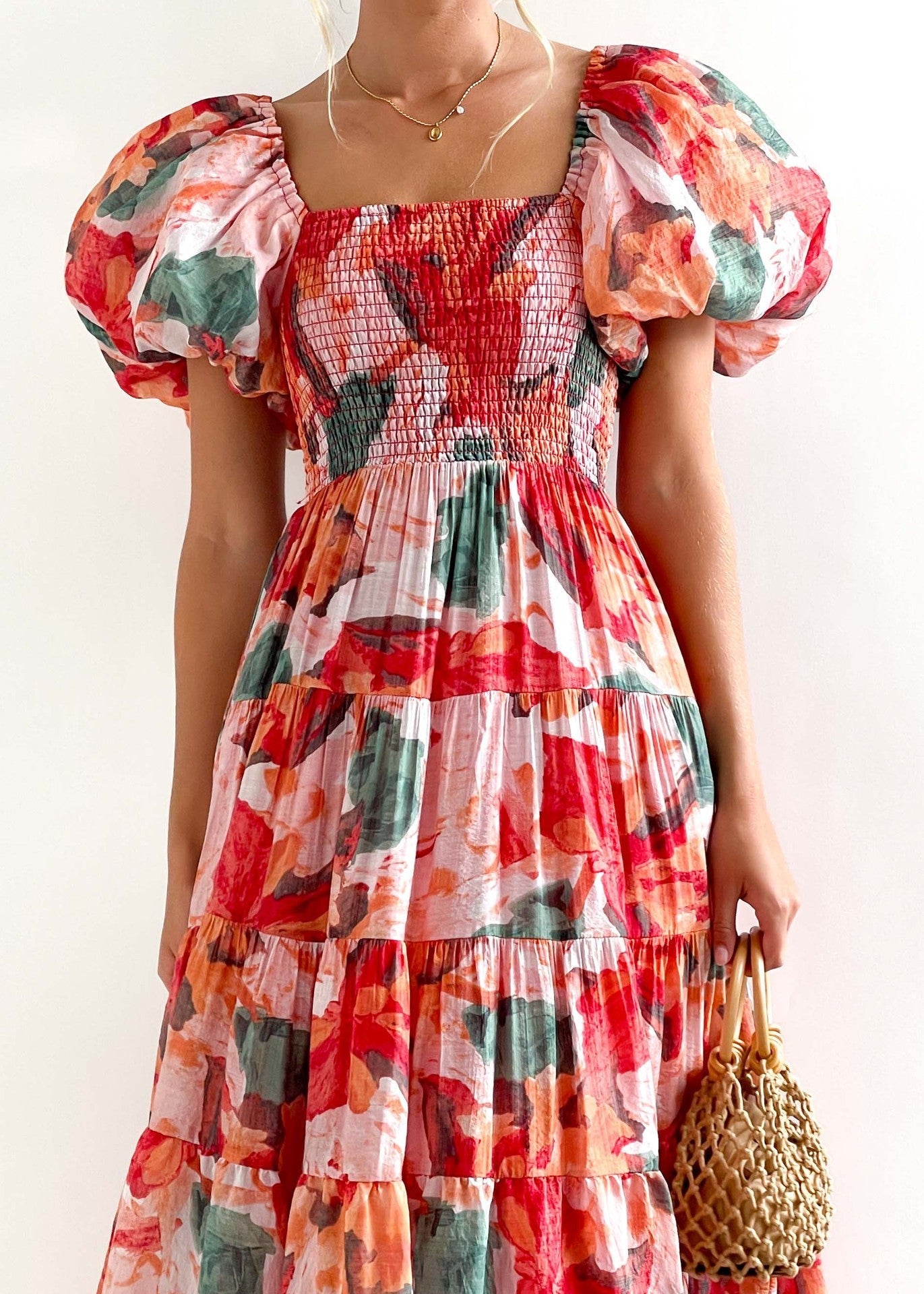 2023 summer new puff sleeve vacation slim long skirt hot girl high waist one-shoulder print dress