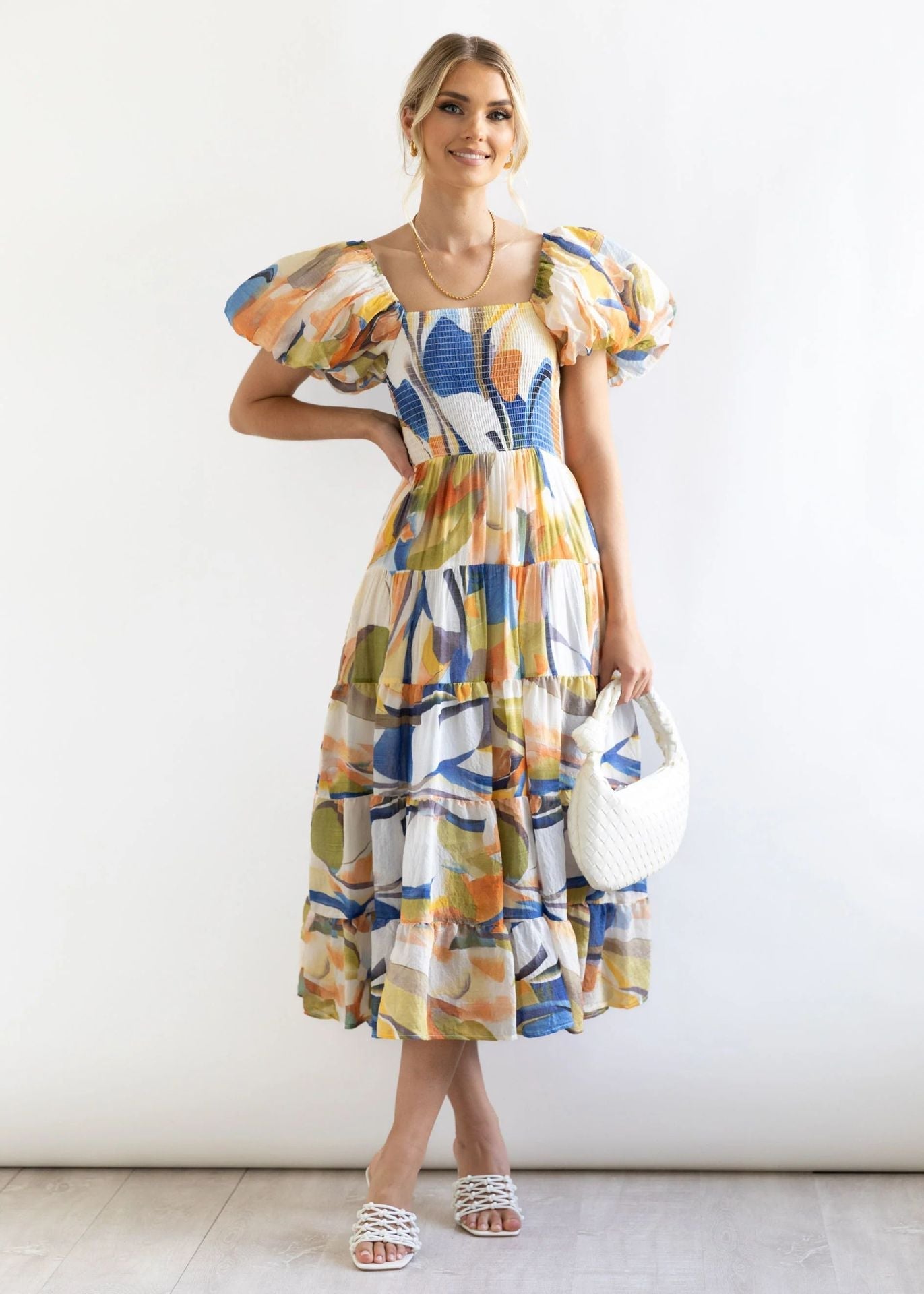 2023 summer new puff sleeve vacation slim long skirt hot girl high waist one-shoulder print dress