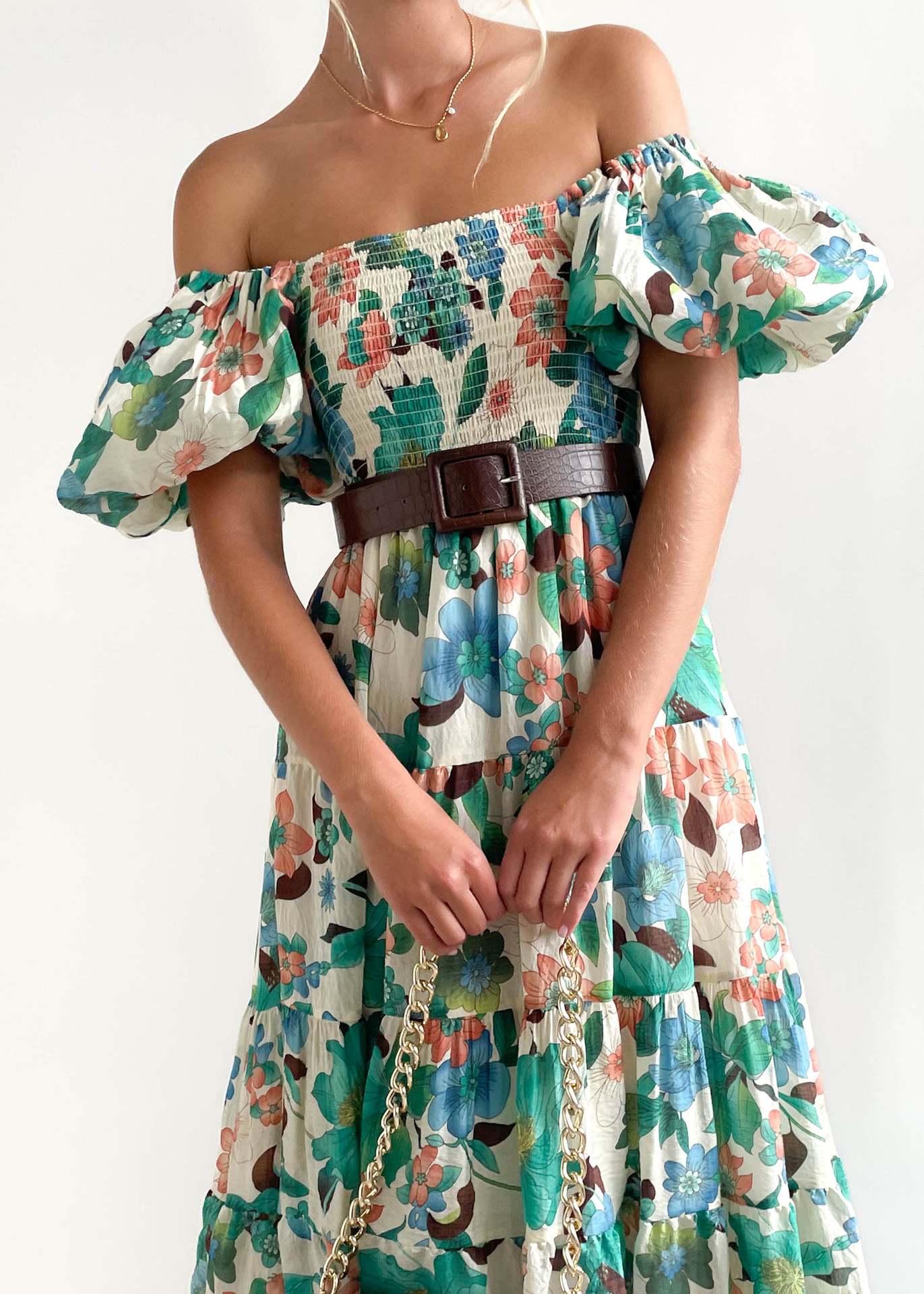 2023 summer new puff sleeve vacation slim long skirt hot girl high waist one-shoulder print dress