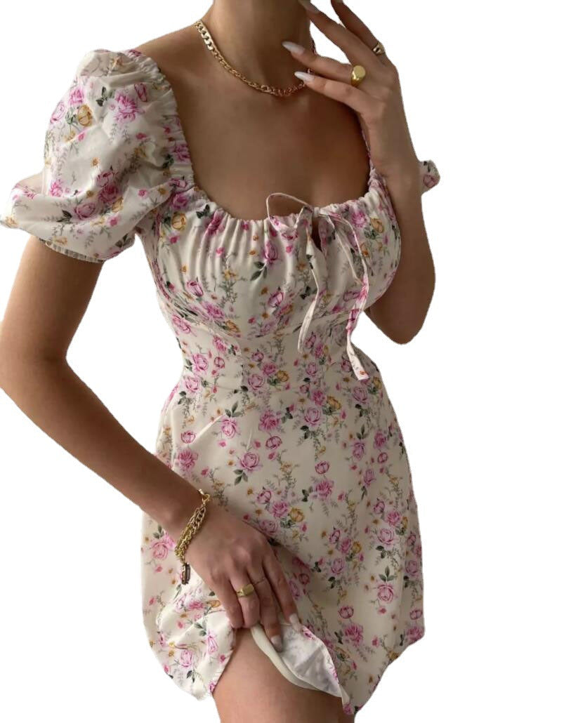 2023 new women's summer hot product high-end French fashion puff sleeve floral dopamine dress woman
